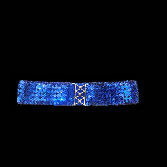 Vintage 80s Blue Sequin Belt with Gold Accent - Picture 1 of 4